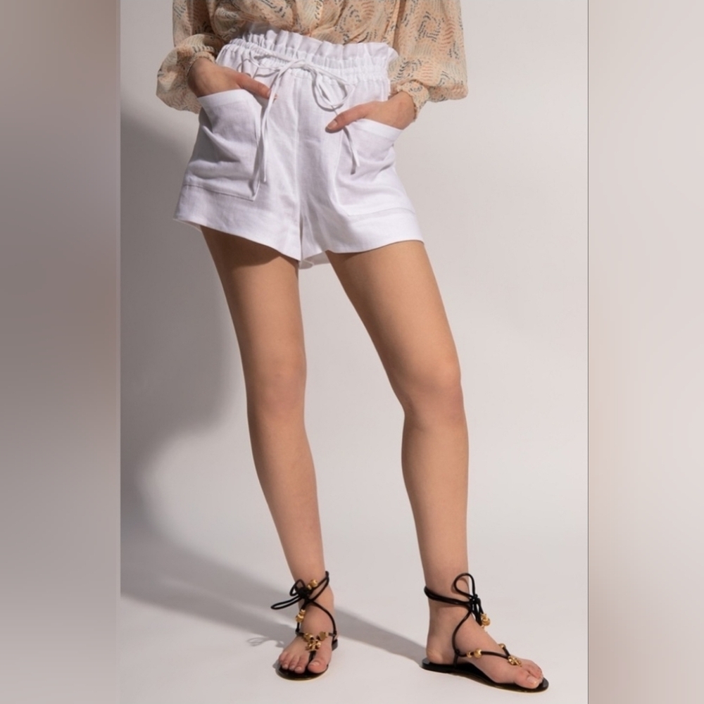Tory Burch White 100% Linen Drawstring Paperbag Waist Coverup Shorts Size Large